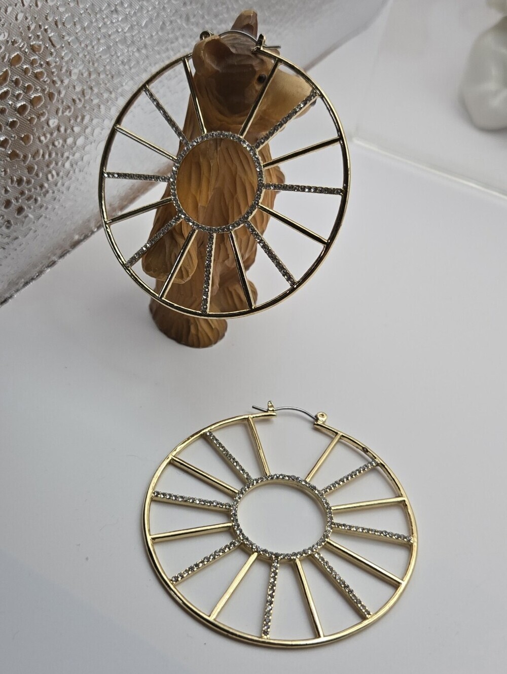 Fashion Jewelry Gold Hoop Sunburst Earrings with Crystal Accents - Picture 4 of 16